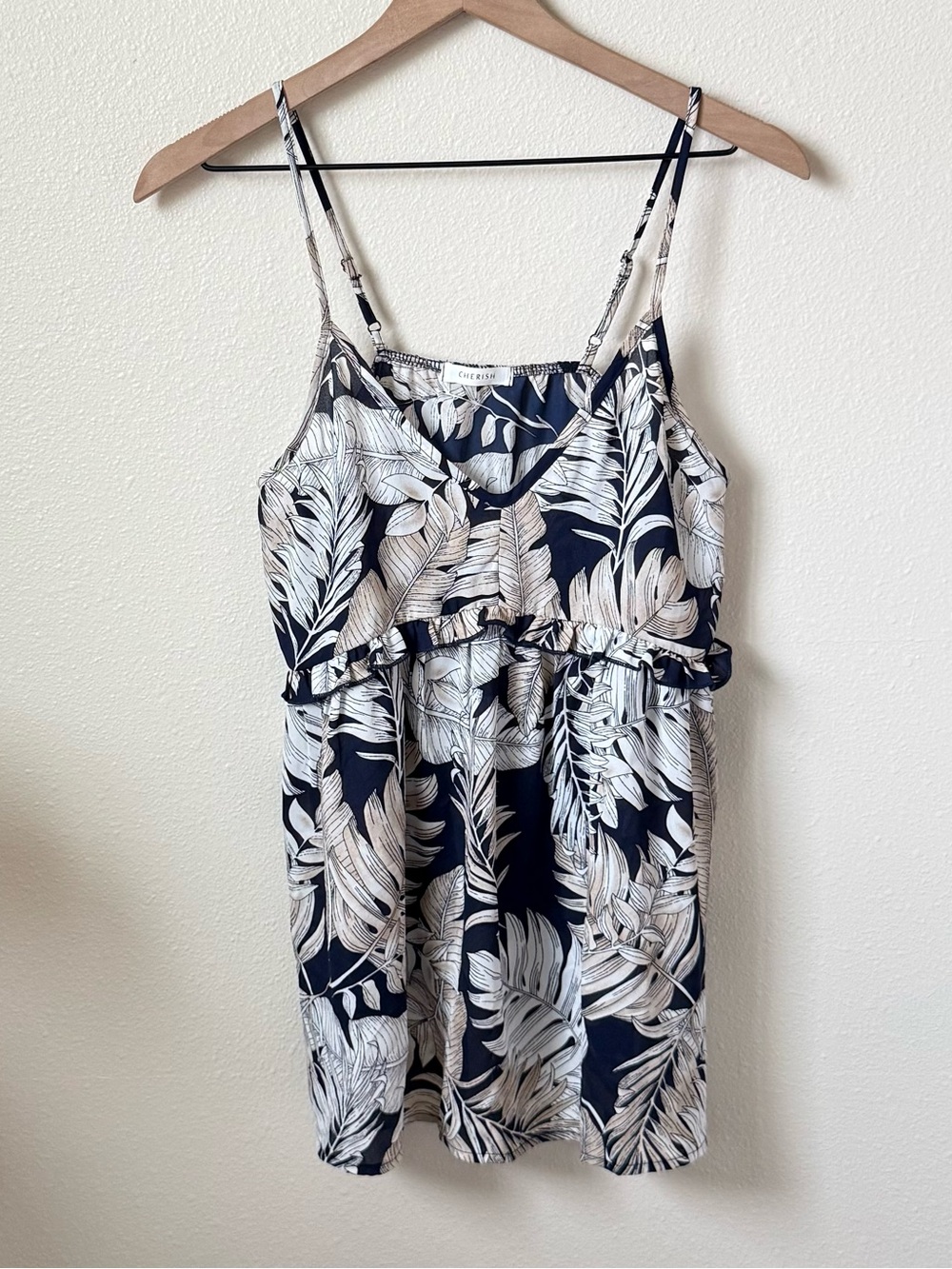 Cherish Navy & Cream Leaf-Print Ruffle Cami